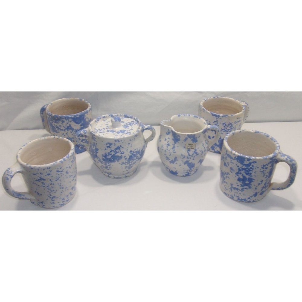 Antique Evan's Pottery Blue/White Sponge/Spatter Ware Signed Tea/Coffee Set Crea